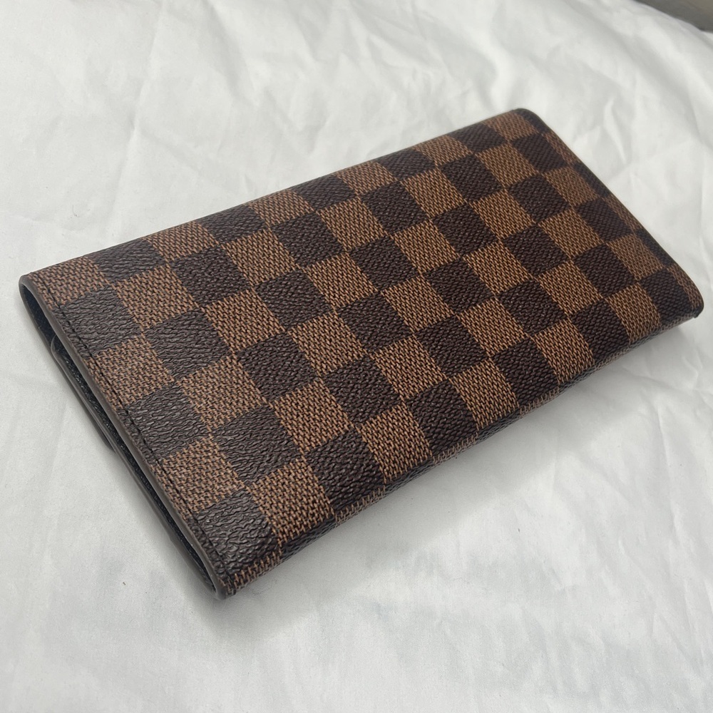 Brown Checkered Clutch Wallet with Goldtone Hardware 7.5” x 4” - Picture 2 of 12